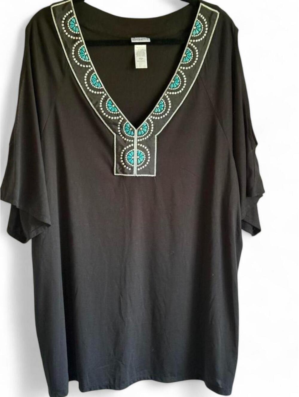 Dotti Women's Black Blouse 1X Turquoise Southwest